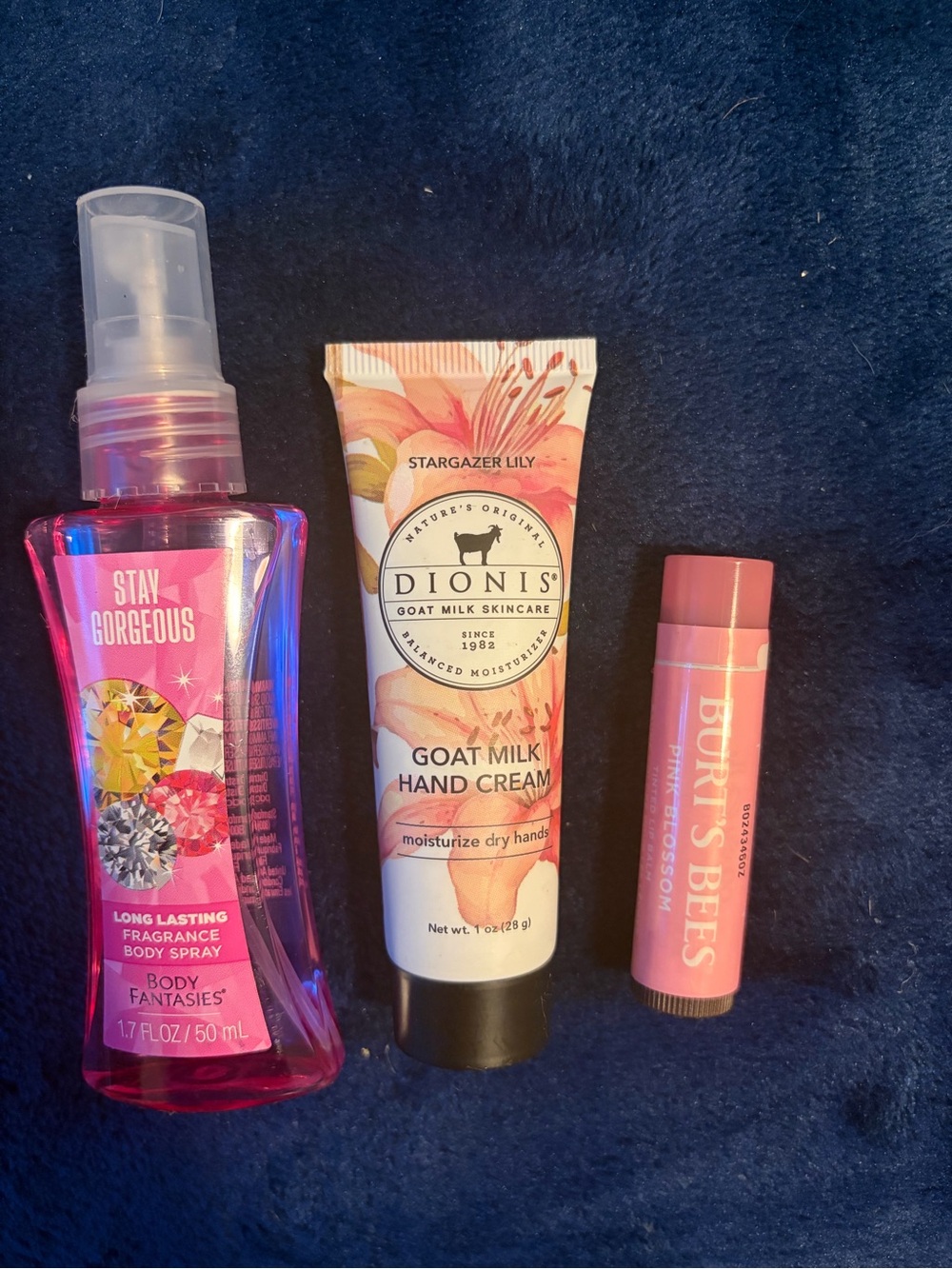 Body spray, hand cream and burrs bees lip balm